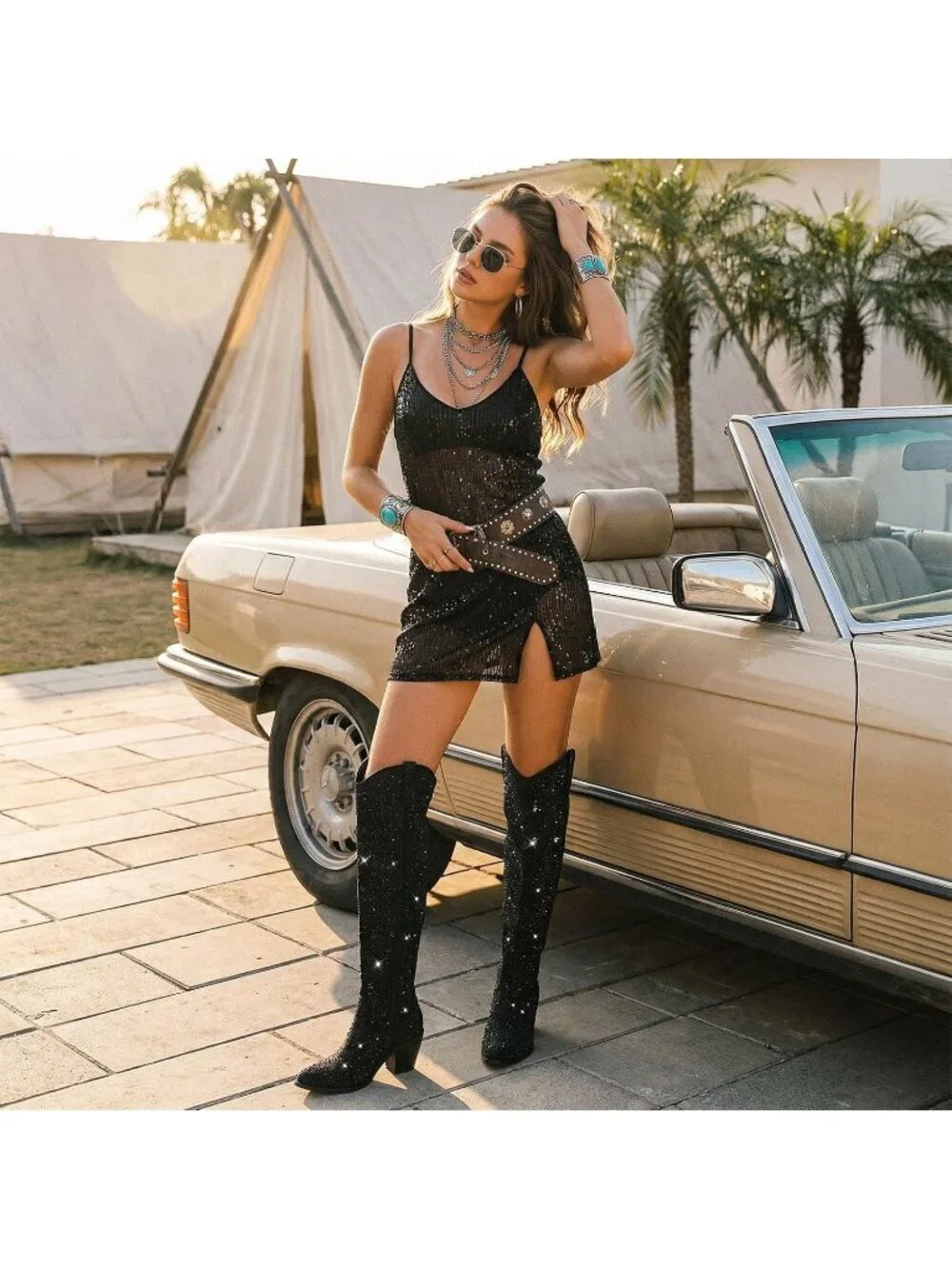 Women's Black Over Knee Pointed Toe Sparkly Chunky Heel Thigh High Boots